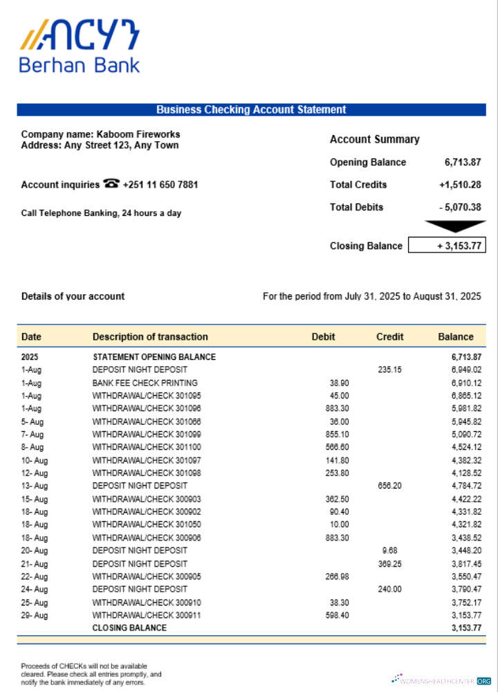 Download Berhan bank business firm account statement Word snd PDF format Photoshop template
